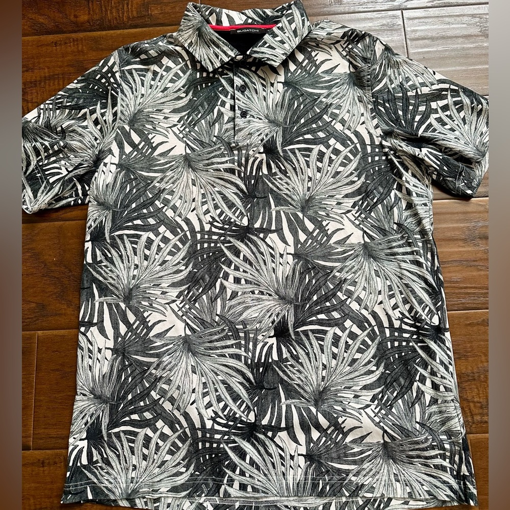 Bugatchi Men’s Tropical Palm Fronds Black and White Polo Shirt size large